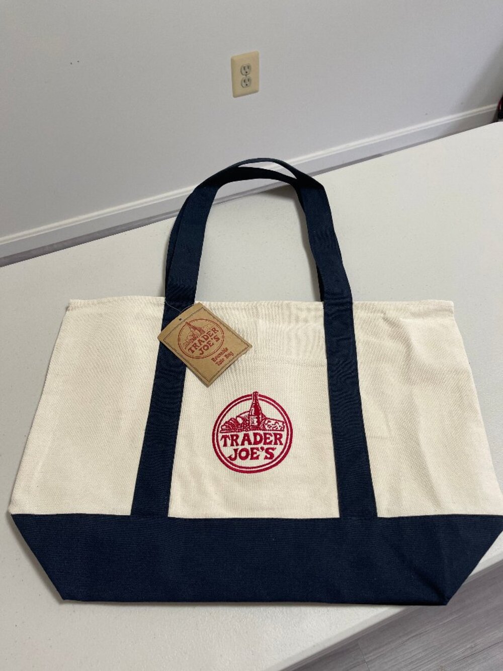 New w Tag Trader Joes Large Tote Bag w Pockets Navy Blue Canvas Cotton 20”x 15”